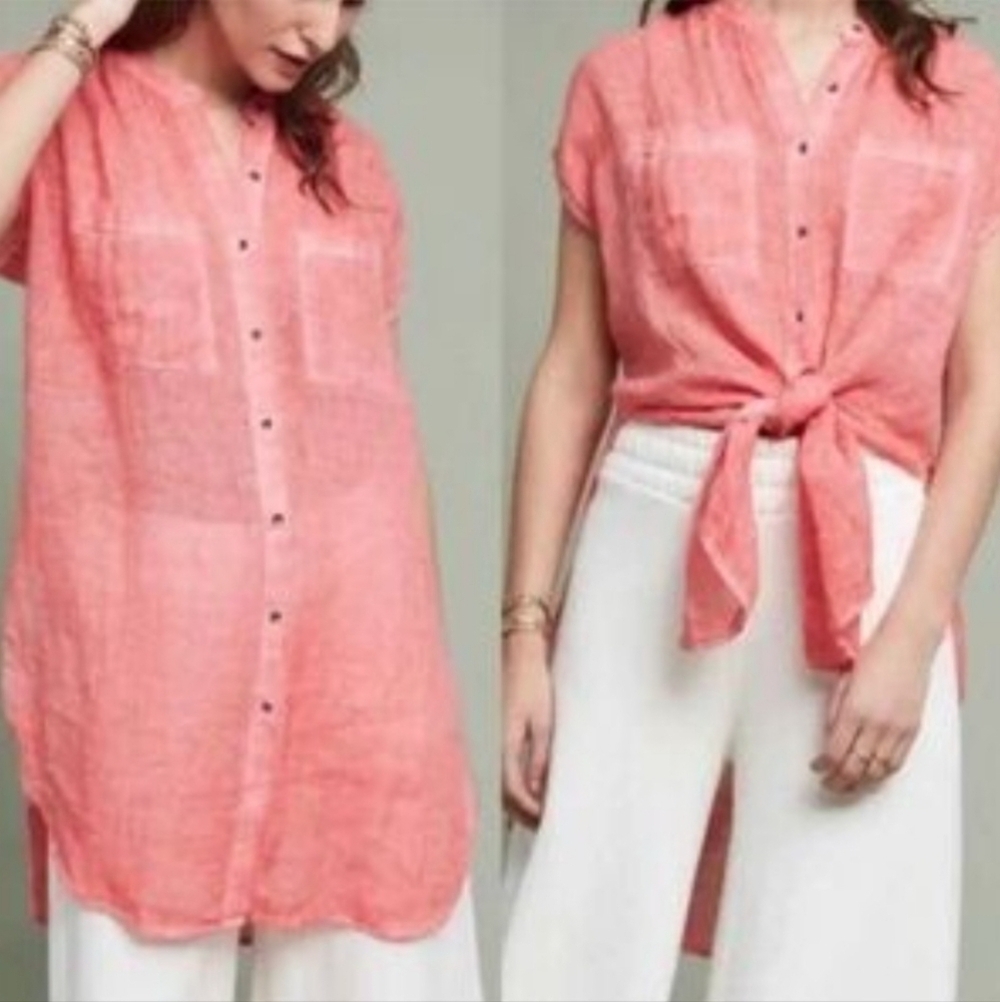 Anthropologie Holding Horse coral gauze linen tunic shirt top